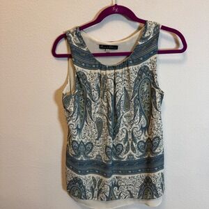 Rose & Olive Paisley Print Tank Top Sleeveless‎ Blouse Ivory Blue Small